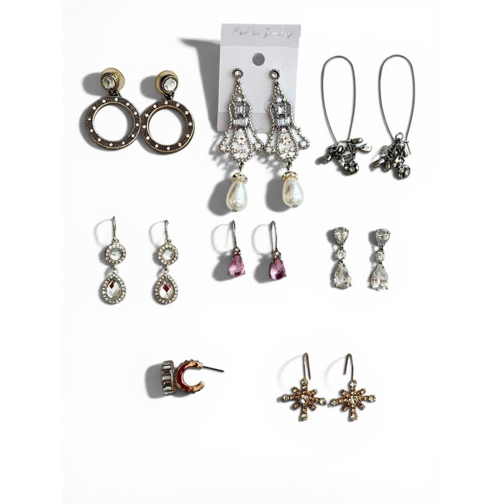 Lot of 8 Pairs Vintage Style Dangle Earrings Pearl Crystal Rhinestone Hoop Desc
